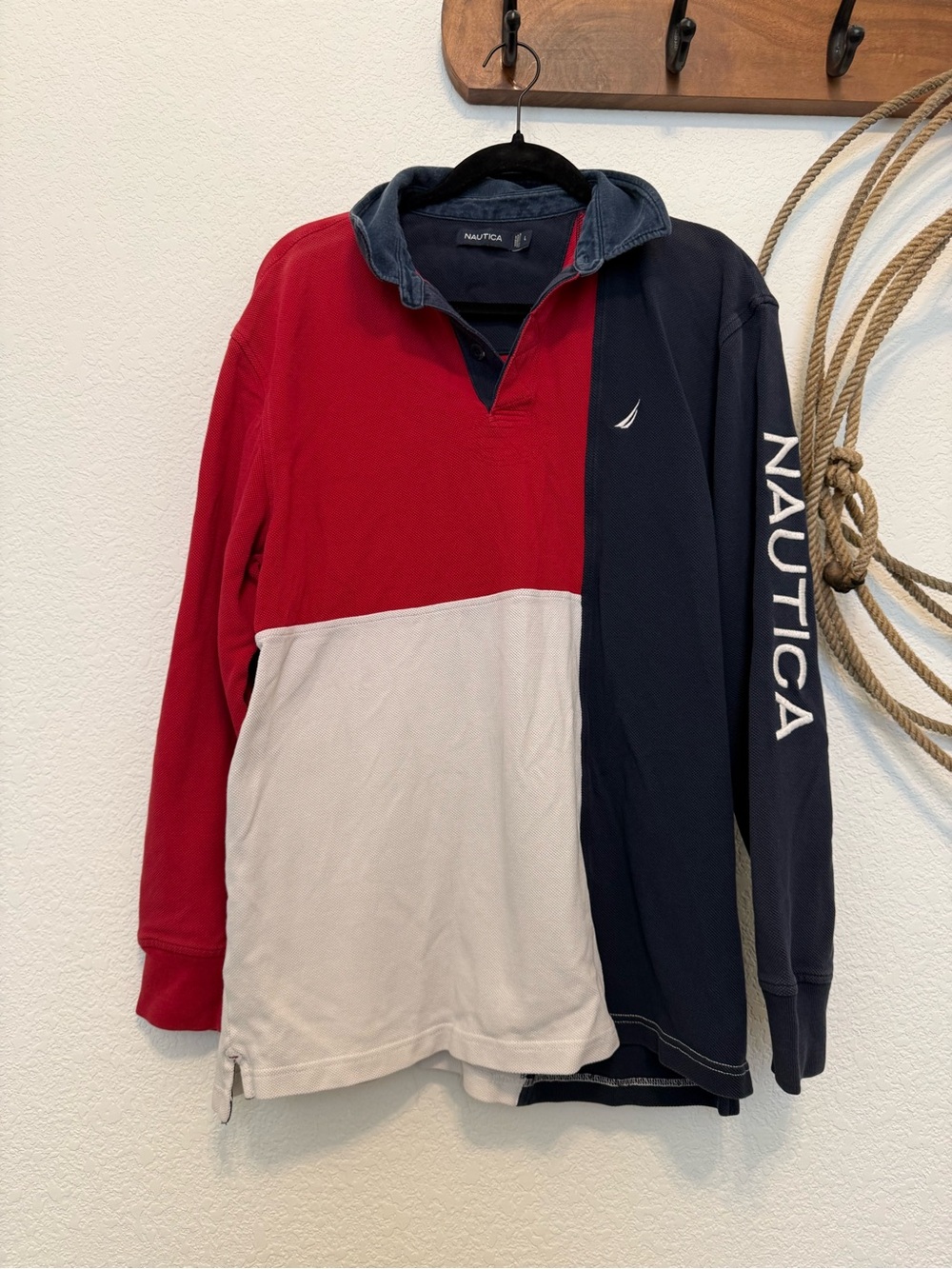 Vintage Nautica Colorblock Sleeve Spellout Rugby Polo Shirt - Large